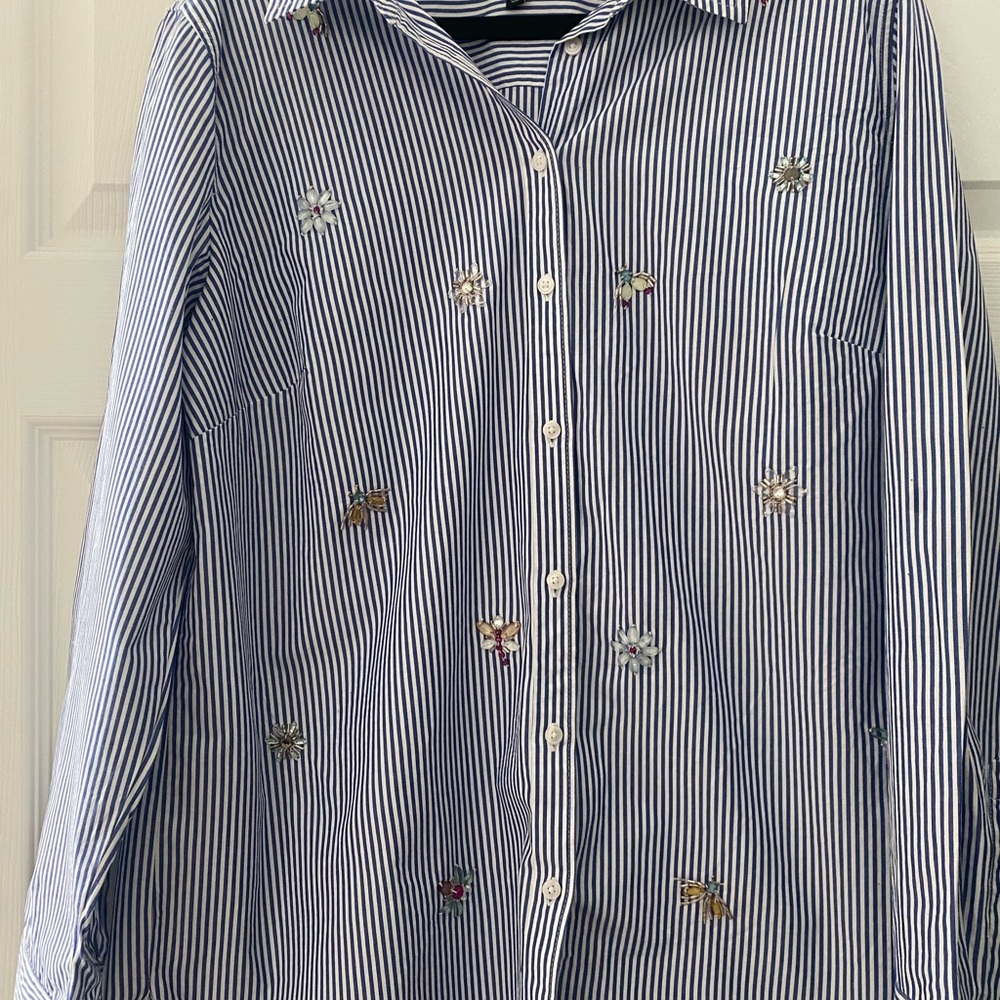 Talbots Navy Striped Shirt with Floral Embroidery